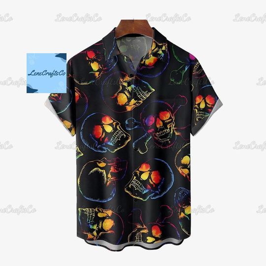 Discover Halloween Skull Button Shirt, Scary Button Up Shirt, Spooky Season Button Down Shirt, Horror Aloha Shirts Men, Halloween Gift For Him