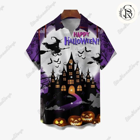 Halloween Witch Loose Breast Pocket Shirt, Salem Witch Hawaii Shirt, Halloween Horror Short Sleeve Shirt, Witches Carnival Button Shirt