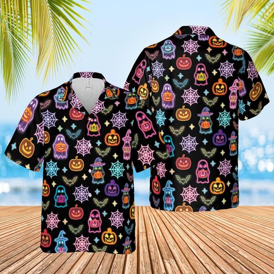 Neon Ghost Boo Halloween Hawaiian Shirt, Happy Halloween Button Down Shirt, Spooky Season Shirt,Trick Or Treat Halloween Gift