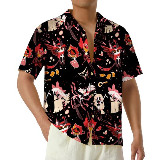 Hazbin Hotel Characters Hawaiian Shirt, Alastor Button Up Shirt, Hazbin Hotel Cartoon Merch, Helluva Boss Gift for Fan
