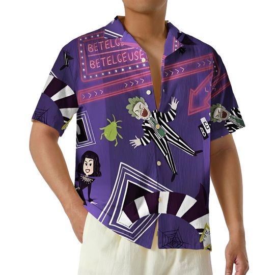 Retro Halloween Beetlejuice Hawaiian Shirt, Horror It's Show Time Horror Movie Characters Shirt, Funny Strange and Unusual Button Up Shirt