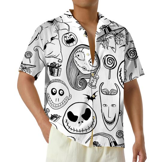 Retro Disney Nightmare Before Christmas Hawaiian Shirt, Disneyland Halloween Button Up Shirt, Jack Sally Oogie Boogie Shirt
