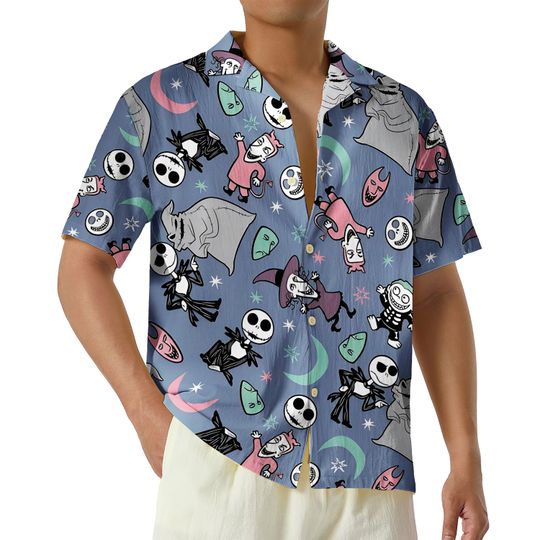 Nightmare Before Christmas Hawaiian Shirt, Jack Skellington & Sally Hawaii Shirt, Oogie Boogie Shirt, Horror Character Halloween Party Gift