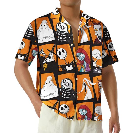 Nightmare Before Christmas Hawaiian Shirt, Jack and Sally Christmas Shirts, Family Vacation Button Up Shirt, Oggie Boogie Shirt