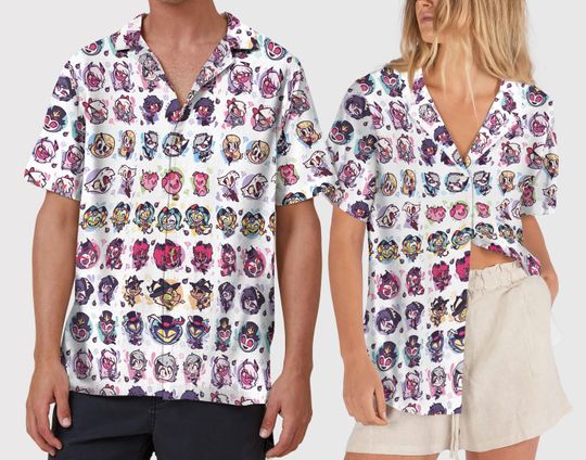 Discover Hazbin Hotel Characters Hawaiian Shirt, Hazbin Hotel Button Up Shirt, Hazbin Hotel Cartoon Merch, Alastor Husk Angel Dust Helluva Boss Tee
