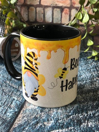 Discover Bee Happy Mug, Gnome Mug, Coffee Mug, Bee Coffee mug, Spring coffee mugs, Honey Bees