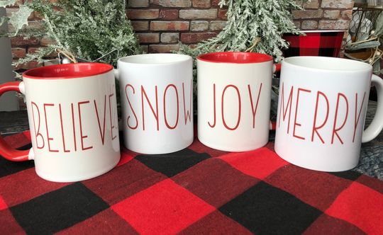 Discover Joy, Merry, Snow, Believe Coffee Mugs, Christmas Coffee Mugs, Red Coffee Mugs, Set of Christmas Coffee Mugs, Farmhouse Coffee Mug