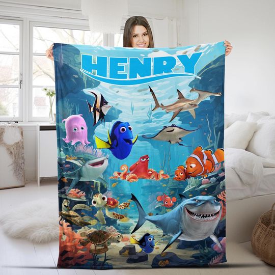 Personalized Watercolor Disney Finding Nemo Blanket, Custom Name Pixar Finding Dory Blanket