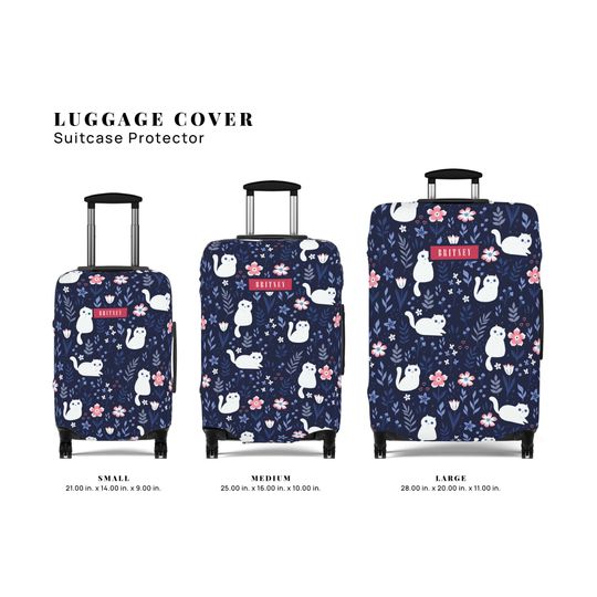Discover Luggage Cover Suitcase Protector Cute White Cat Kitty Lover Floral Flowers Pattern Personalized Name Custom Gift For Kids Boys Girls Women