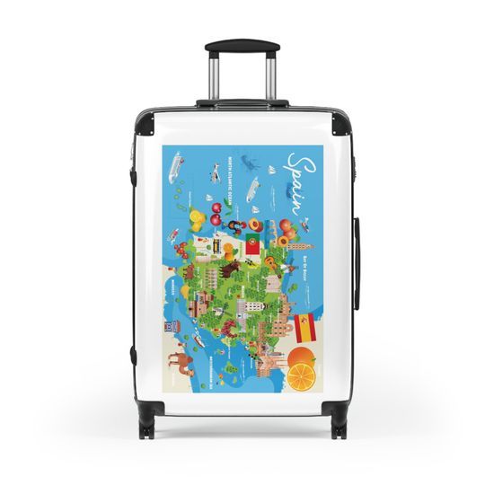 Discover Spanish Cartoon Poster Suitcase: Featuring Andalusia, Madrid, Barcelona, Valencia. Spain's Culture, and Entertainment Illustrated on Luggage