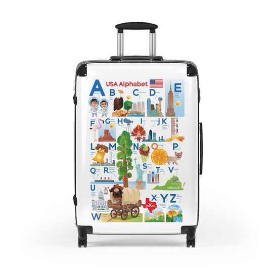 Discover USA Cartoon Alphabet Poster Suitcase: Featuring Florida, Texas, California. USA's Culture, History, and Entertainment Illustrated on Luggage
