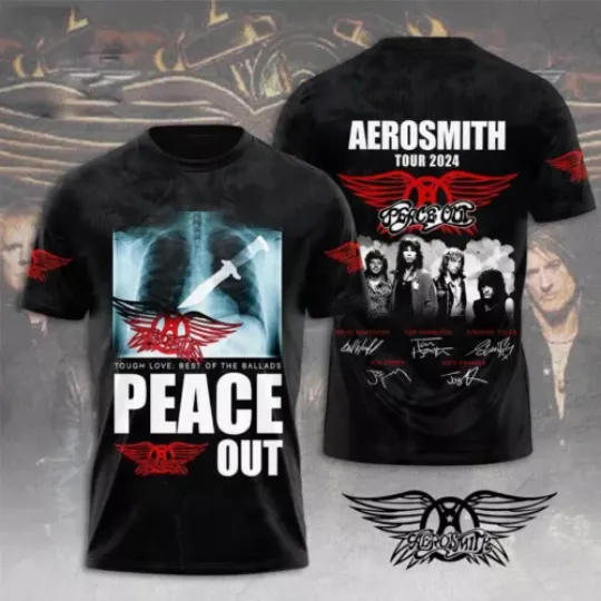 Discover Aerosmith Peace Out Tour 2024 Siganture 3D Unisex T-Shirt For Men Women
