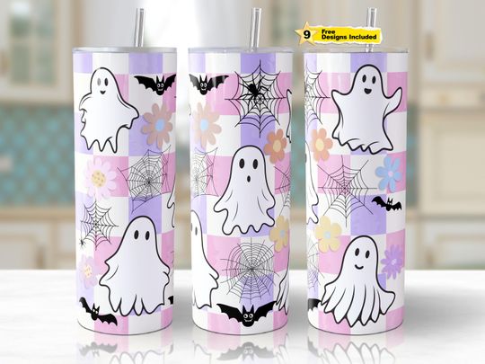 Discover Retro Halloween Tumbler Wrap  20oz Skinny Tumbler Sublimation Design Spooky Season Tumbler   Pastel Checkered Ghost Tumbler