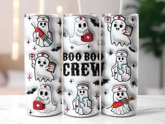 Boo Boo Crew Nurse Halloween Tumbler Wrap  , Cute Ghost 20oz Skinny Tumbler Sublimation, Nurse Tumbler  , CNA, Retro Halloween Tumbler
