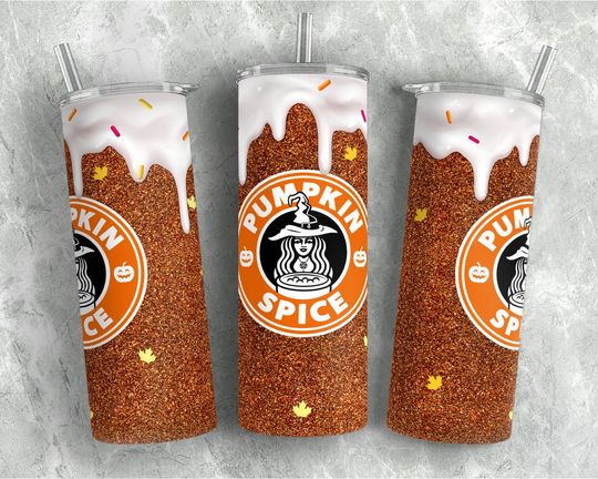 Pumpkin Spice Tumbler Design, Gold Glitter 20oz Skinny Tumbler Sublimation Designs Wraps, Starbucks Logo Halloween Tumbler , Fall Design