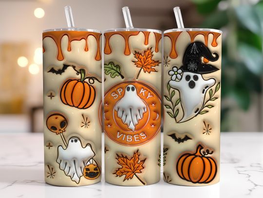 Discover 3D Orange Spooky Vibes Inflated Tumbler Wrap, Puff Halloween Ghost , 20oz Tumbler Sublimation