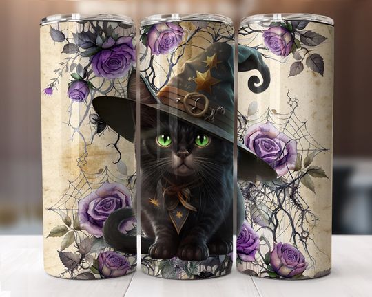 Discover Cute Halloween Cat Purple Vintage Roses 20 oz Tumbler Wrap