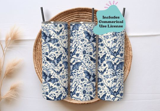 Bats Delft Style Chinoiserie Tumbler Wrap | Halloween French Toile Tumbler  Wrap | Halloween Tumbler Wrap | Spooky Tumbler Wrap