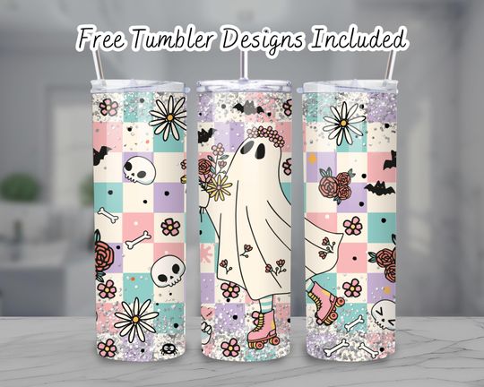 Discover Retro Halloween Tumbler Wrap  , 20oz Skinny Tumbler Sublimation,Checkered Ghost Tumbler  ,Spooky Season Tumbler