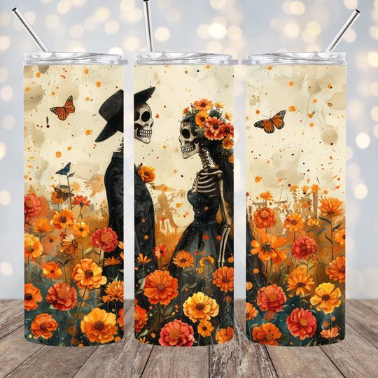 Discover Skeleton Lovers 20 oz Skinny Tumbler Wrap Sublimation Design Skeleton Couple Marigold Flowers Halloween Lovers Autumn Tumbler Wrap