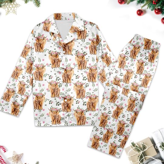 Discover Unique Highland Cow Pajamas, Cow Pajamas Set Women, Cow Shirt For Mom, Funny Cow Shirt, Cow Farm Button Up Shirt, Cow Gifts For Her