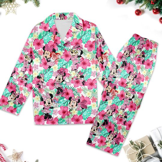 Floral Minnie Mouse Pajamas Women Set, Minnie Mouse Shirt, Mickey Mouse Cartoon Pajamas, Magic Kingdom Shirt, Family Trip Gift