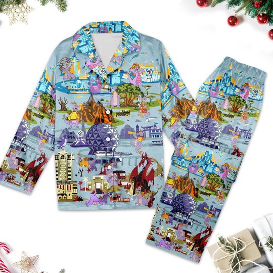 Figment Epcot Pajamas, Figment Long Sleeve Button Down Shirt, Cartoon Pajamas Set Women, Family Party Trip Gift, Magic Kingdom Shirt
