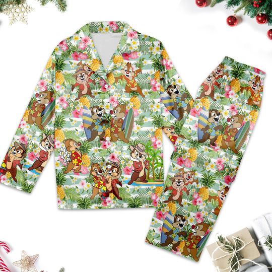 Tropical Chip'n Dale Pajamas, Chip and Dale Shirt, Animated Cartoon Women Pajamas Shirt, Squirrel Magic Kingdom Trip Gift For Women