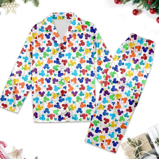 Colorful Mickey Mouse Pajamas, Mickey Mouse Pajamas Set, Minnie Mouse Button Up Shirt, Cartoon Gift For Women, Magic Kingdom Shirt