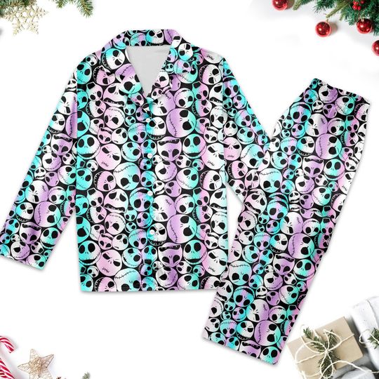 Jack Skellington Women Pajamas, Jack Skellington Pajamas Set, Horror Characters Button Up Shirt, Nightmare Before Christmas Shirt For Women