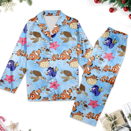 Finding Nemo Pajamas Set, Nemo Women Pajamas, Finding Dory Button Up Shirt, Cartoon Long Shirt, Magic Kingdom Trip Gift