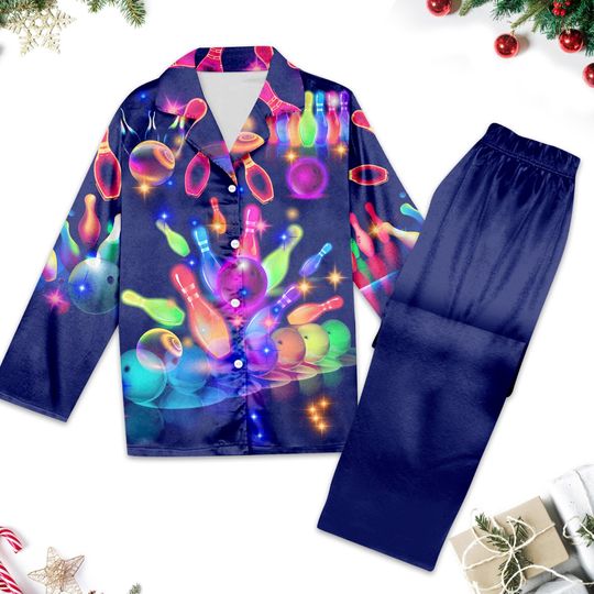 Bowling Neon Women Pajamas, Bowling Pajamas Set, Bowling Button Up Shirt, Bowling Shirt For Women, Summer Family Trip Tee