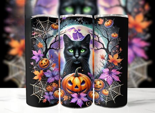 Discover Cat tumbler, witchy cat tumbler, spooky cat and witch, Halloween 20 oz tumbler with lid