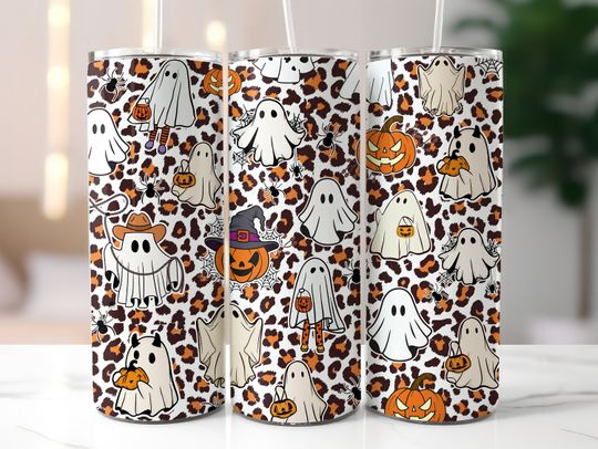 Discover Spooky Season Halloween Tumbler Wrap  , Fall 20oz Skinny Tumbler Sublimation, Leopard Ghost Tumbler  , Retro Halloween Tumbler