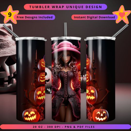 Barbie Pink Hat and Pumpkins Halloween Tumbler Wrap Design, 20oz Tumbler Wrap,  Barbie Halloween Gift DPITH17