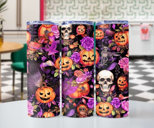 Discover Colorful Floral Halloween Pumpkin Skull Rose Art 2 20oz Skinny Tumbler Designs