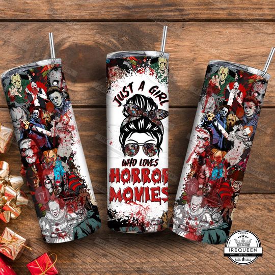 Discover Just A Girl Who Loves Horror Movie 20 oz Skinny Tumbler Wrap Sublimation Design  , Scary Killers Halloween Tumbler Wrap