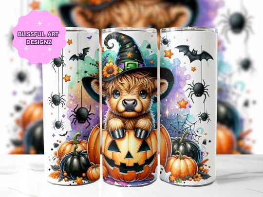 Discover Highland Cow Halloween 20 oz Skinny Tumbler Sublimation Design, Highland Cow Tumbler Wrap, Halloween Tumbler Wrap