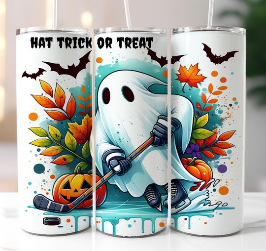 Discover Hockey Halloween Tumbler Wrap, 20oz skinny Tumbler Sublimation  NG, Hat Trick or Treat Ghost Spooky Sports Halloween Tumbler Design