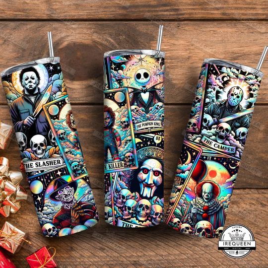 Discover Horror Movie Tarot Cards Halloween 20oz Skinny Tumbler Wrap, Horror Halloween Movie  , Killer Friends  , Killer Friends