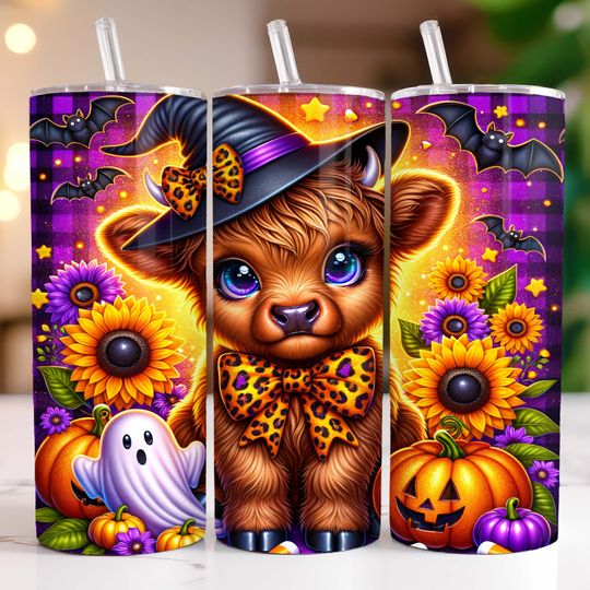 Halloween Highland Cow Tumbler Wrap 20oz Tumbler Sublimation Design Halloween Tumbler Wrap Floral Highland Cow Tumbler Wrap