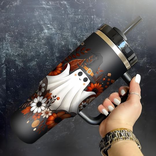 Discover Halloween Flower Witch Ghost Tumbler 30oz/40oz, Cute Floral Ghost Tumbler, Spooky Halloween Tumbler, Floral Ghostie Cup Halloween