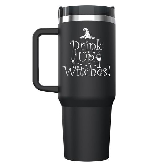 Discover Drink Up Witches Engraved Insulated Stainless Steel Tumbler with Handle, Lid, and Straw 40 oz. Jumbo Tumbler, Halloween Tumbler.