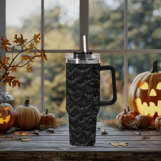 Discover Spooky Bats 40oz Stainless Steel Tumbler With Handle Lid and Straw, Y2k Retro Bats Halloween Drink Cup, Travel Tumbler, Fun Tumbler Gift