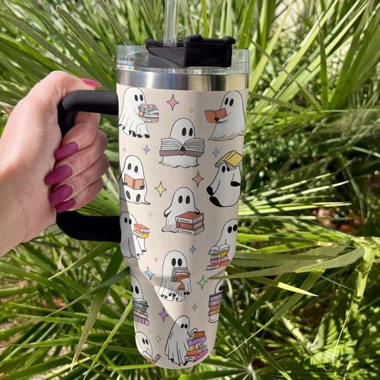 Discover Cute Book Ghosts Tumbler 40oz, Halloween Bookish 40oz Tumbler, Funny Reader Stainless Steel Tumbler with Lid and Straw, Halloween Book 40oz