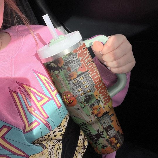 Halloween Town 40oz Tumbler, 40oz Tumbler with Lid and Straw, Cute Ghost, Pumpkin Halloween Town 40oz, Witch Princess Halloween Tumbler Mug