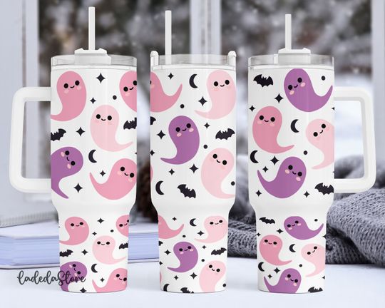 Cute Ghost Halloween 40oz Quencher Tumbler Wrap, Cute Ghost Halloween Tumbler 40 oz, Spooky Season Tumbler Sublimation Design
