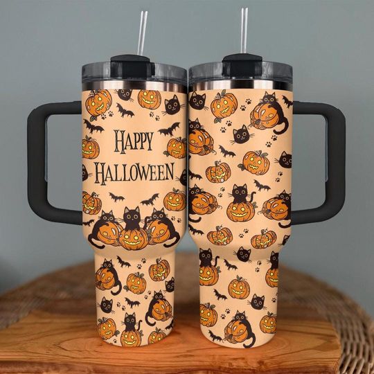 Discover Cat Pumpkins Happy Halloween Ghost 40oz Tumbler, 40oz Tumbler with Lid and Straw, Cute Ghost, Pumpkins Halloween 40oz, Halloween Mug Gift