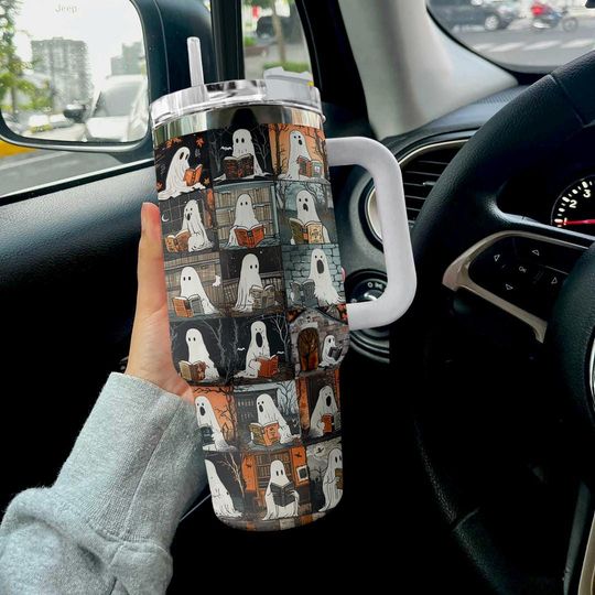 Discover Cute Ghost Reading Tumbler 40oz, Halloween Bookish 40oz Tumbler, Funny Reader Stainless Steel Tumbler with Lid and Straw, Halloween 40oz Cup