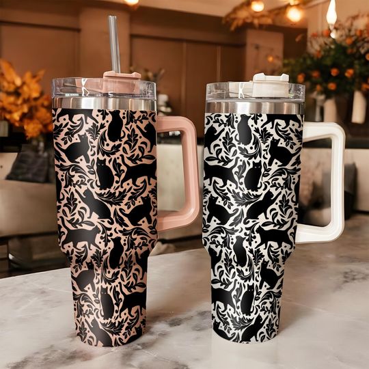 Discover Halloween Black Cat and Flower Tumbler 40oz, Mystic Hippie Tumbler, Cute Spooky Tumbler with Lid and Straw, Spooky Season Cup